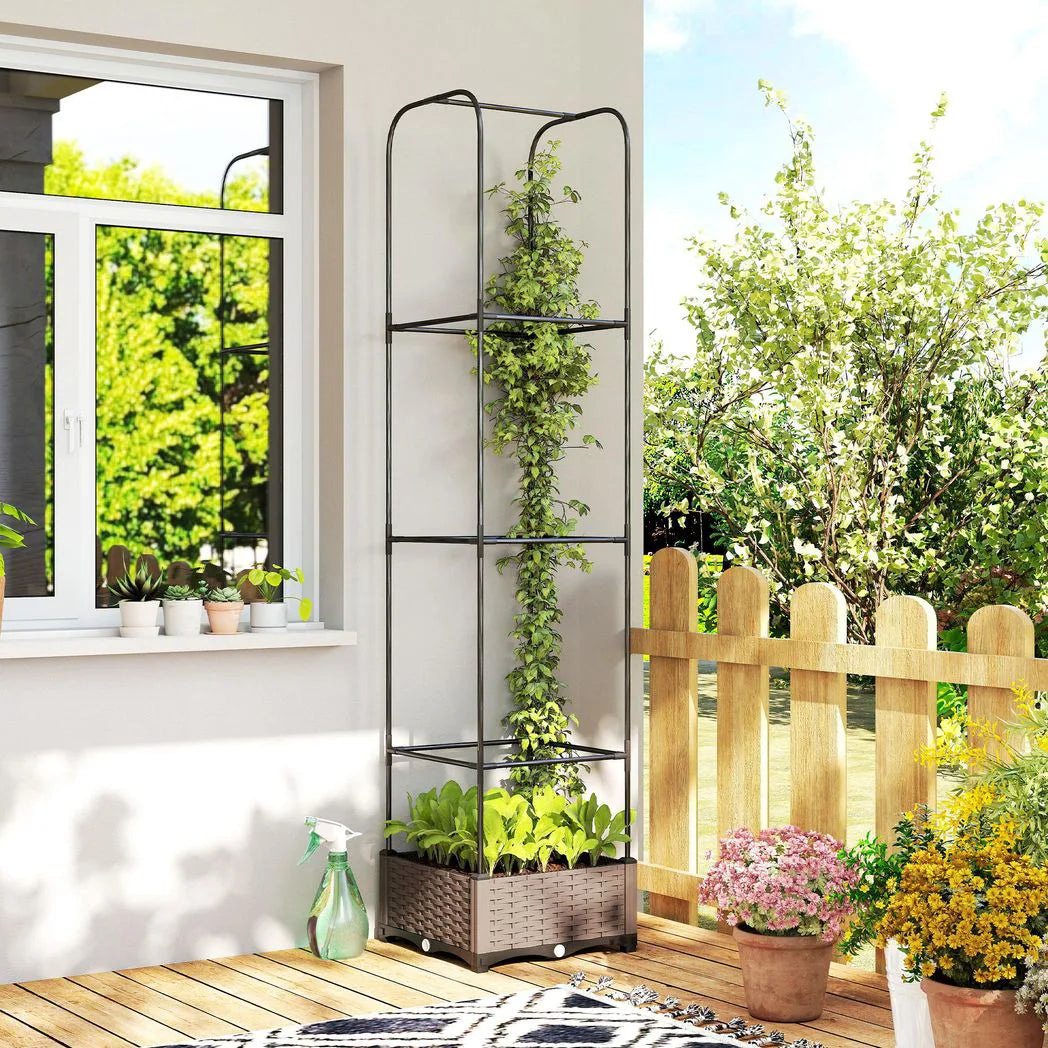 Outsunny Self-Watering Raised Garden Bed with Trellis, Plastic Planter Box with Drainage Plugs, 40 x 40 x 179cm