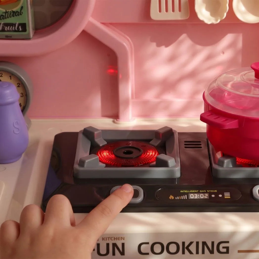 AIYAPLAY 33-Piece Play Kitchen with Lights, Sounds, Storage and Circulating Water Sink – Ages 3-6, Pink