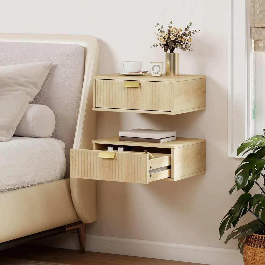 HOMCOM Floating Nightstands Set of 2 with Wave Drawers – Wall-Mounted Bedside Tables, Oak