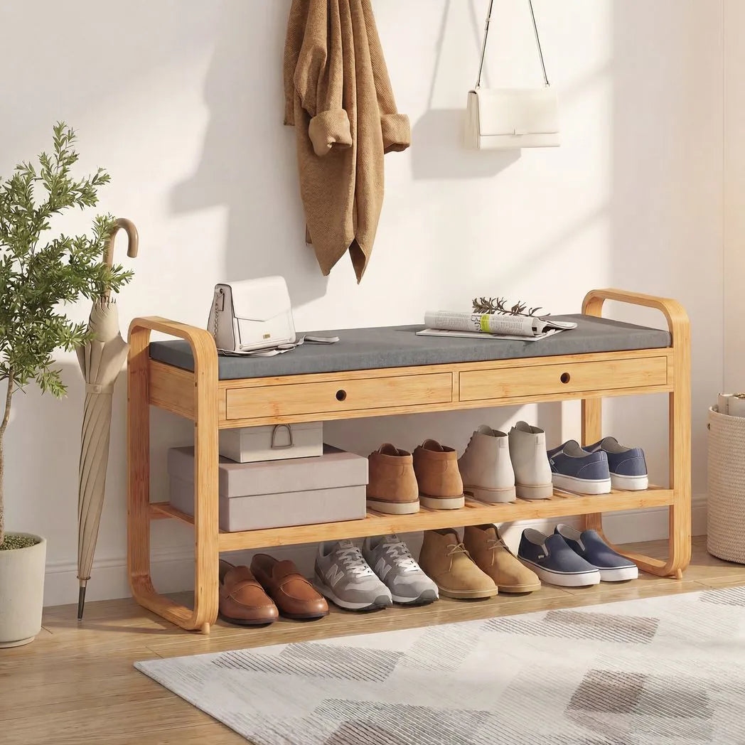 HOMCOM Bamboo Shoe Bench with 2 Drawers and Cushioned Seat – 105 cm, Natural and Grey