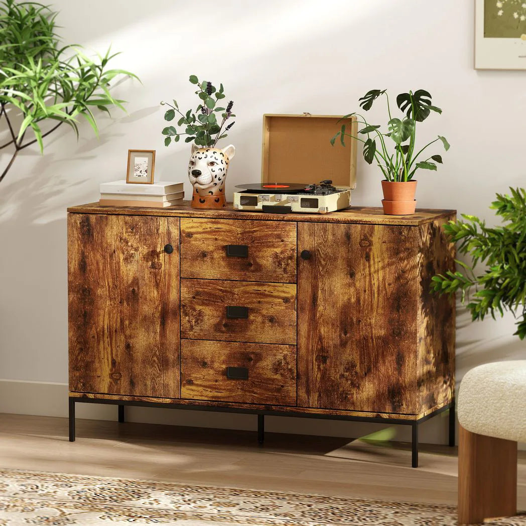 HOMCOM Modern Rustic Sideboard with 2 Cupboards and 3 Drawers – Kitchen Storage Cabinet with Metal Legs, Brown