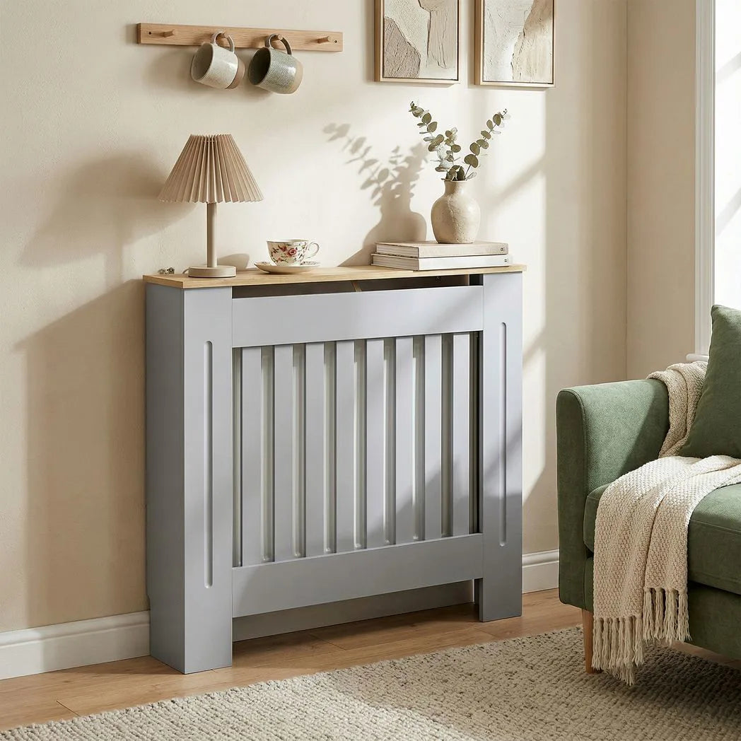 HOMCOM Slatted Radiator Cover with Top Shelf and Anti-Toppling Design – Painted MDF Heater Cabinet, Grey
