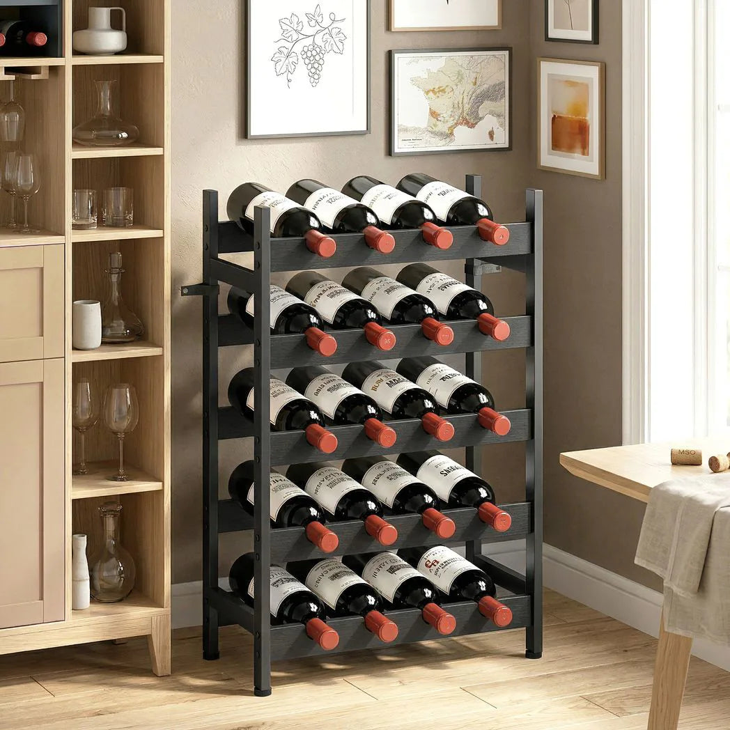 HOMCOM 5-Tier Industrial Wine Rack with Anti-Tip Kit, 20 Bottle Capacity – Freestanding Liquor Cabinet, Black