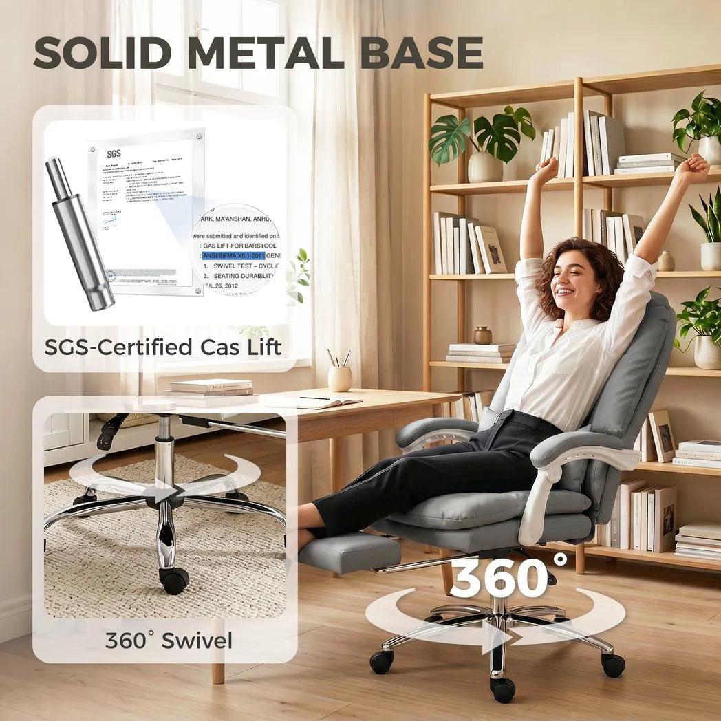 HOMCOM Ergonomic Executive Office Chair with 155° Recline, Lumbar Pillow & Footrest – PU Leather, Grey