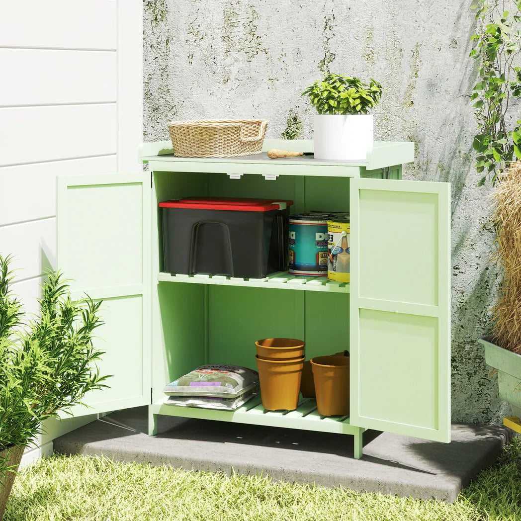 Outsunny Wooden Garden Tool Storage Cabinet with Hinged Roof, Double Doors and 2 Shelves – Light Green