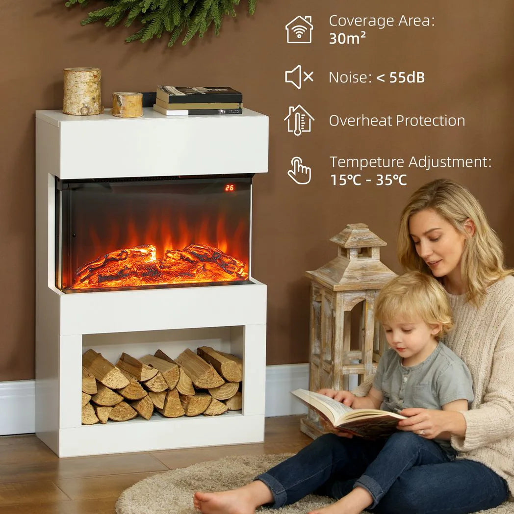 HOMCOM 19" Electric Fireplace with Mantel, 3D Flame Effect, Remote and Timer – 1000W/2000W, White