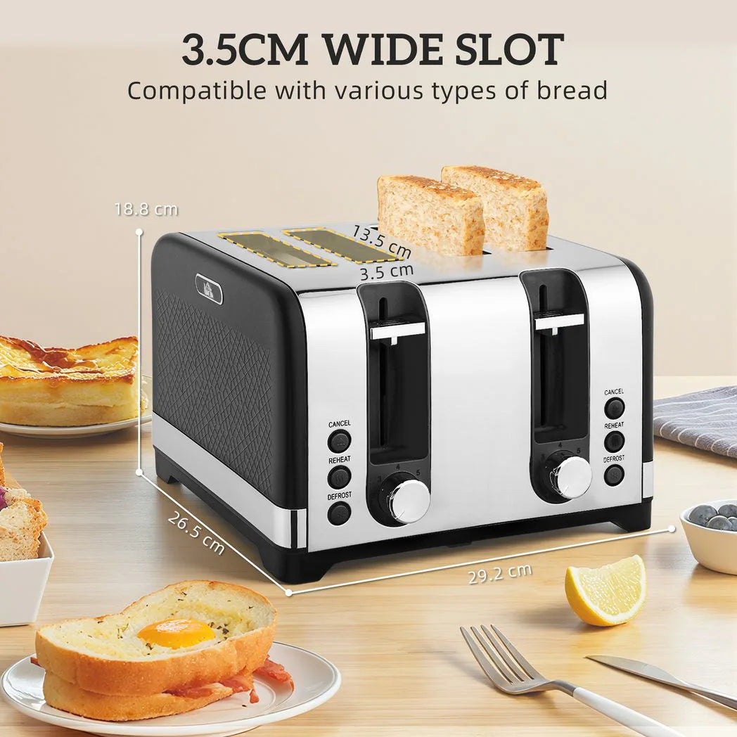 HOMCOM Textured Kettle and 4-Slice Toaster Set, 1.7L 3000W Rapid Boil Kettle – Kitchen Set, Black