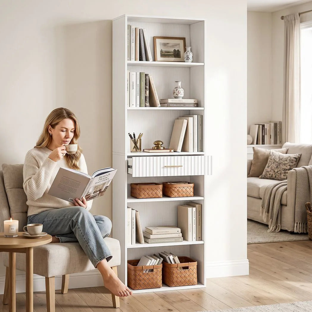 HOMCOM Narrow Tall Bookcase with Drawer and 6 Open Shelves, 182 cm Space-Saving Bookshelf, White