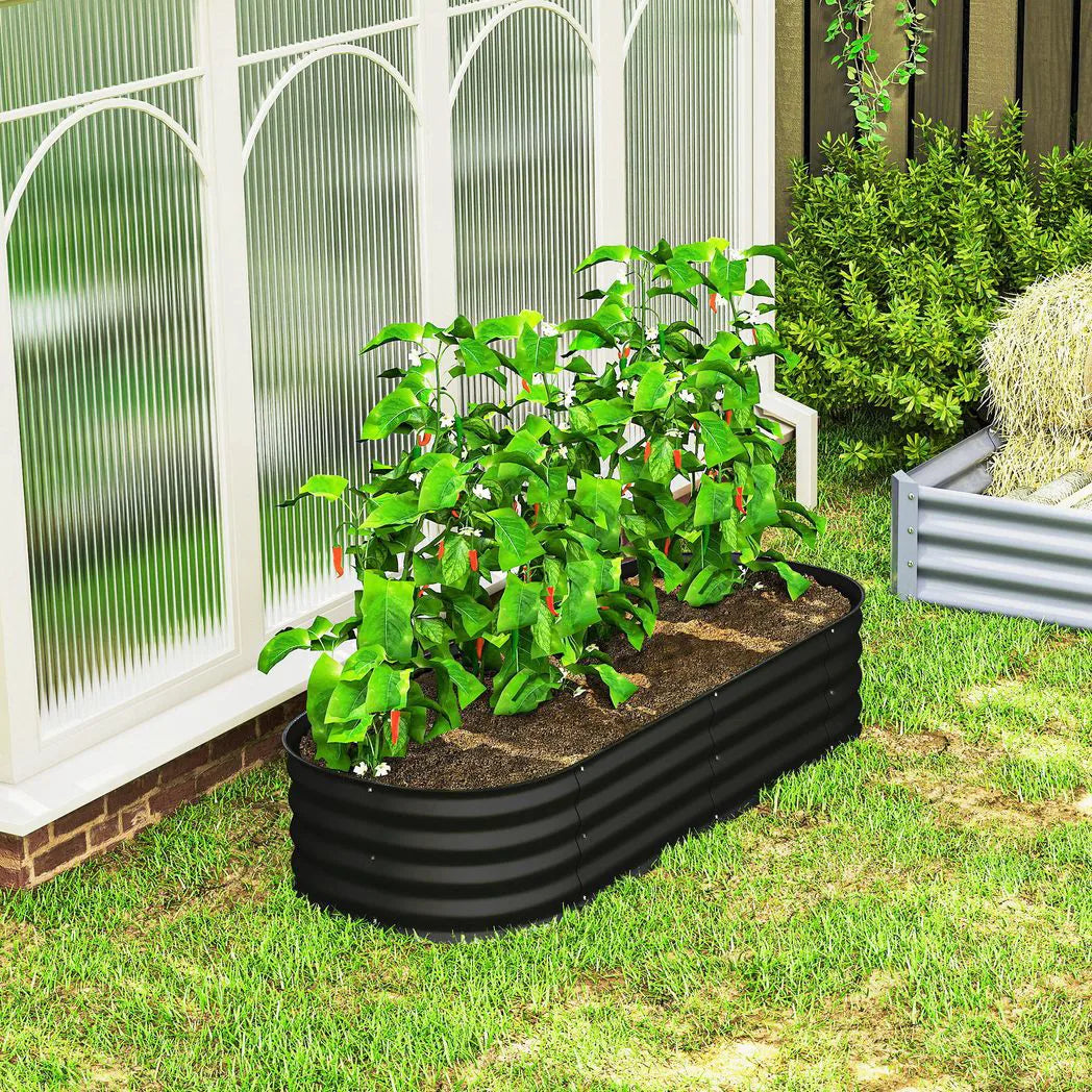 Outsunny Galvanised Steel Raised Garden Bed with Safety Edging, 150 x 62cm – Flowers and Herbs, Black