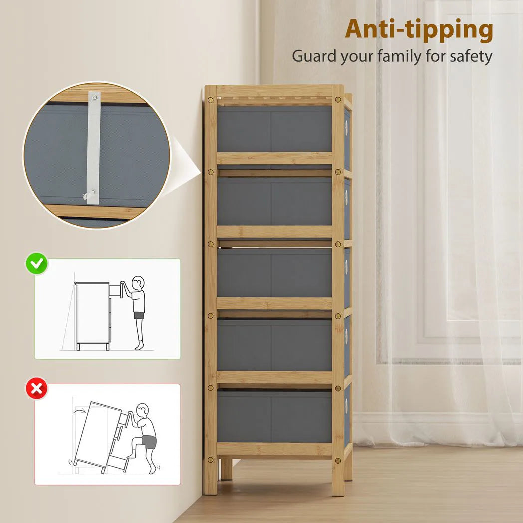 HOMCOM 5-Drawer Narrow Chest of Drawers with Fabric Drawers & Bamboo Frame – Slim Storage, Light Grey
