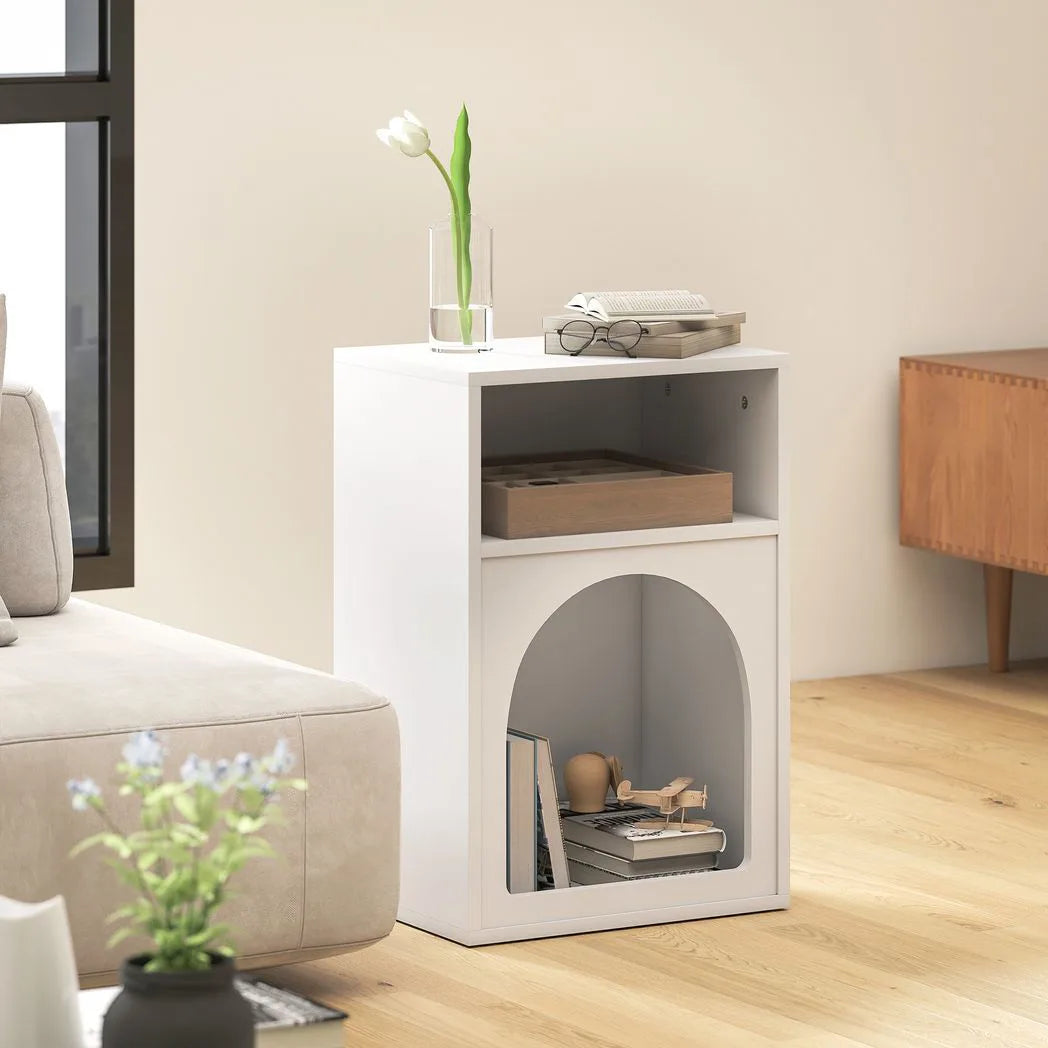HOMCOM Narrow Bedside Table with 2 Open Compartments and Arched Design – Small Bedroom Nightstand, White