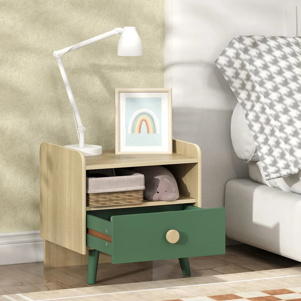 AIYAPLAY Kids Bedside Table with Drawer and Open Storage Shelf – Wooden Nightstand for Children's Bedroom, Green