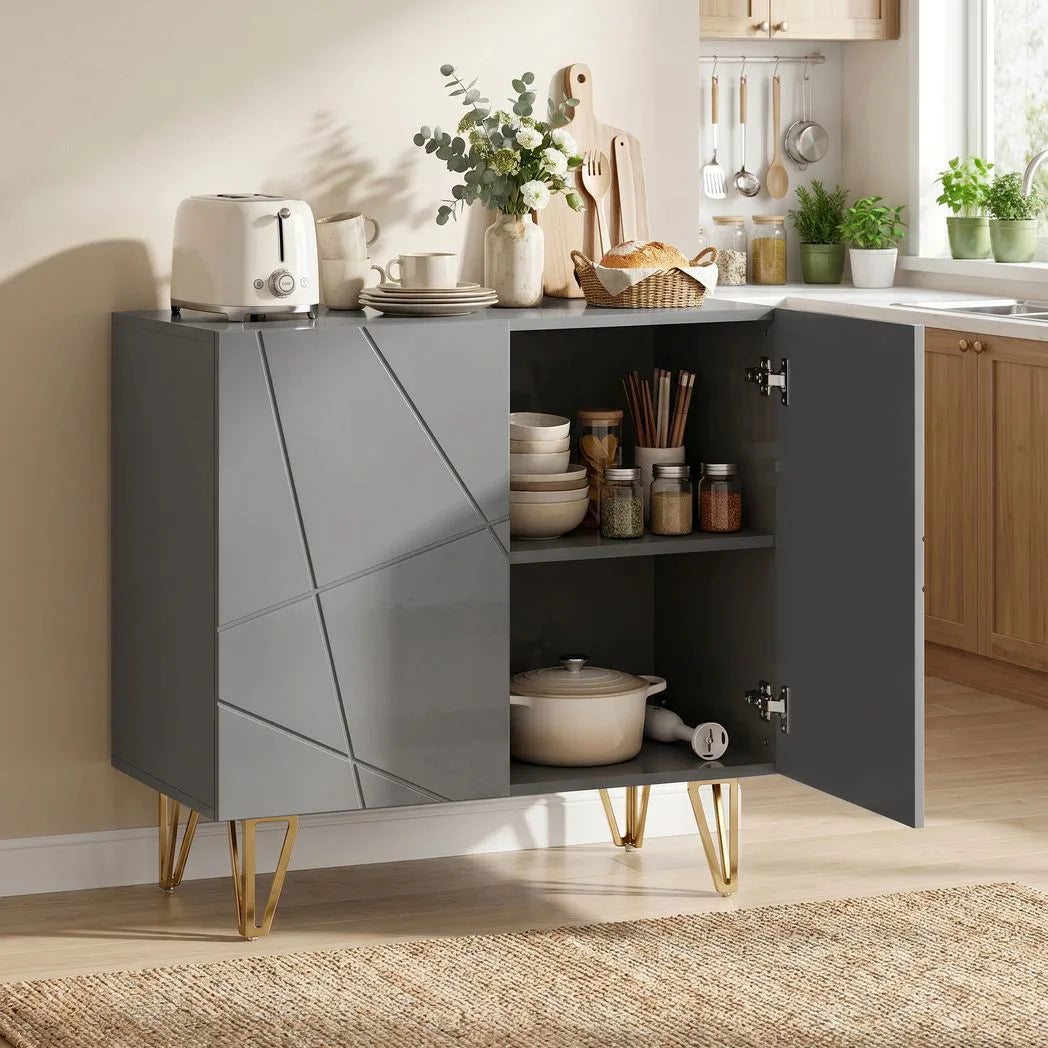 HOMCOM Modern Luxe High Gloss Sideboard with Hairpin Legs, Two Shelves – Kitchen Storage Cabinet, Grey