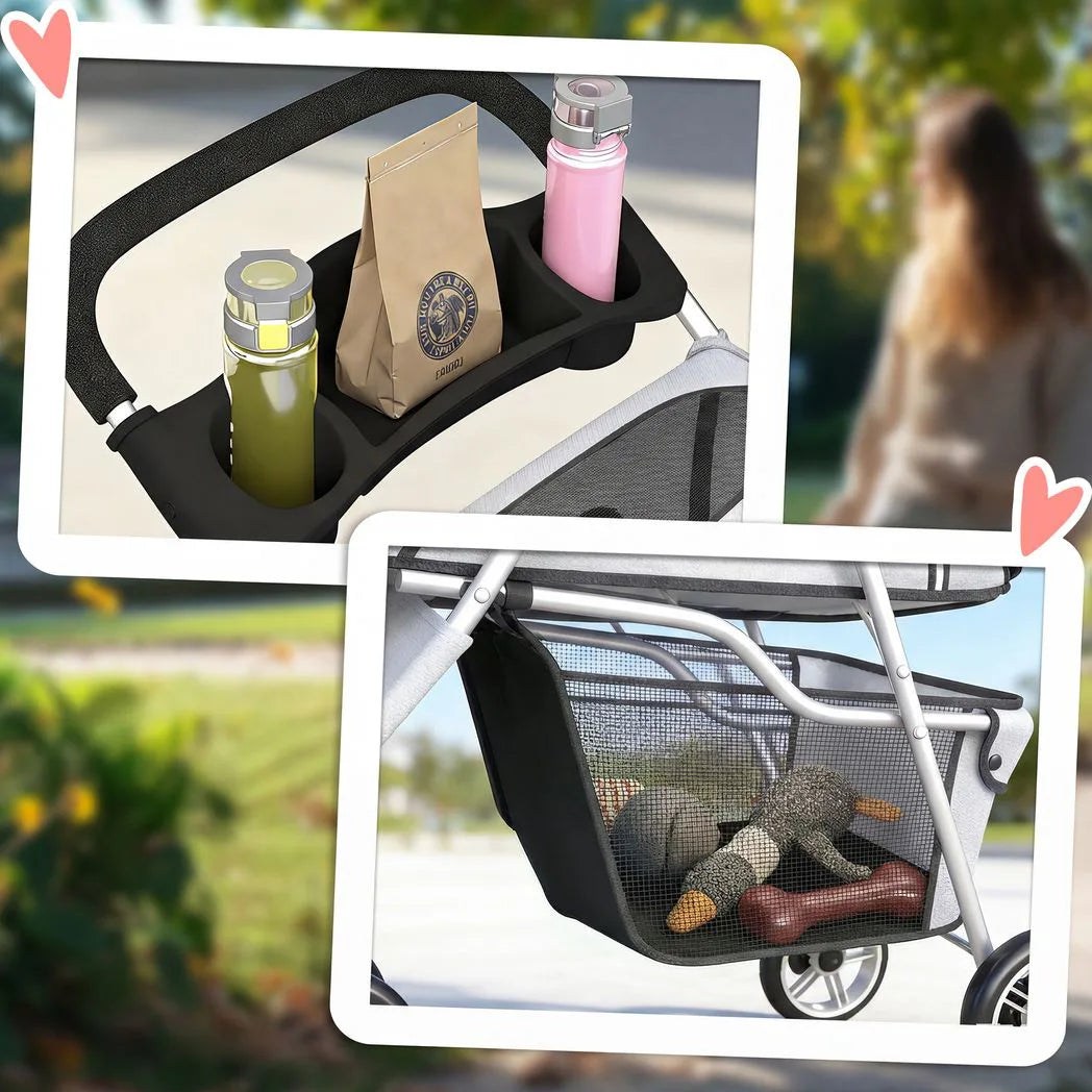 PawHut 3-Wheel Foldable Dog Stroller with Adjustable Canopy and Storage Basket – Small Breeds, Grey