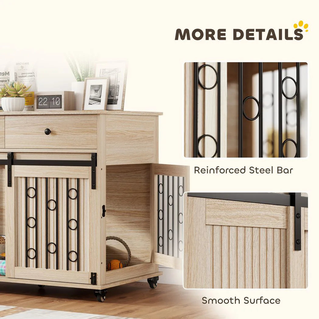 PawHut Dog Crate Furniture on Wheels with Two Drawers – Side Table Kennel for Medium and Large Dogs, Oak
