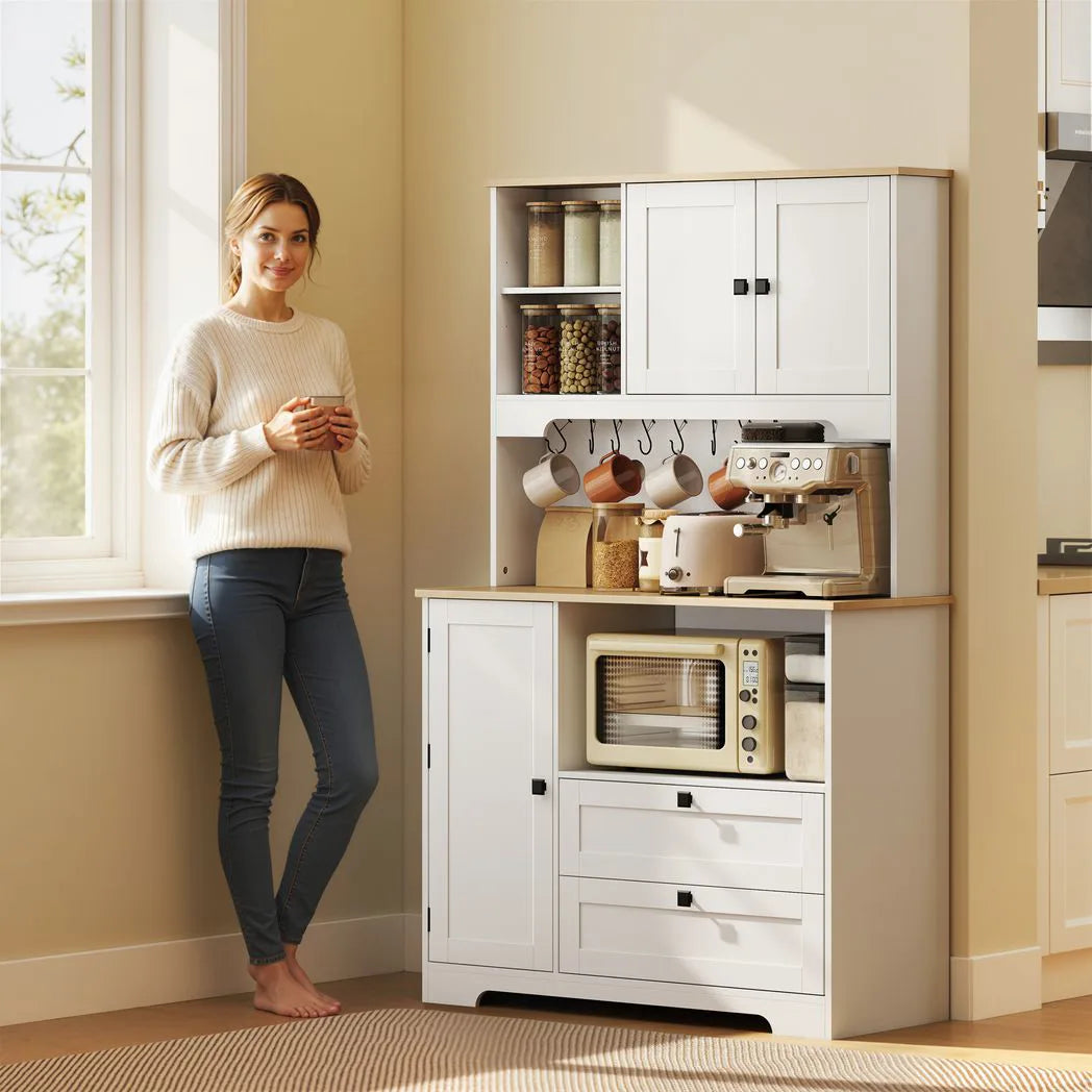 HOMCOM Freestanding Kitchen Cupboard with 2 Cabinets, 2 Drawers and Adjustable Shelves – Coffee Station, White