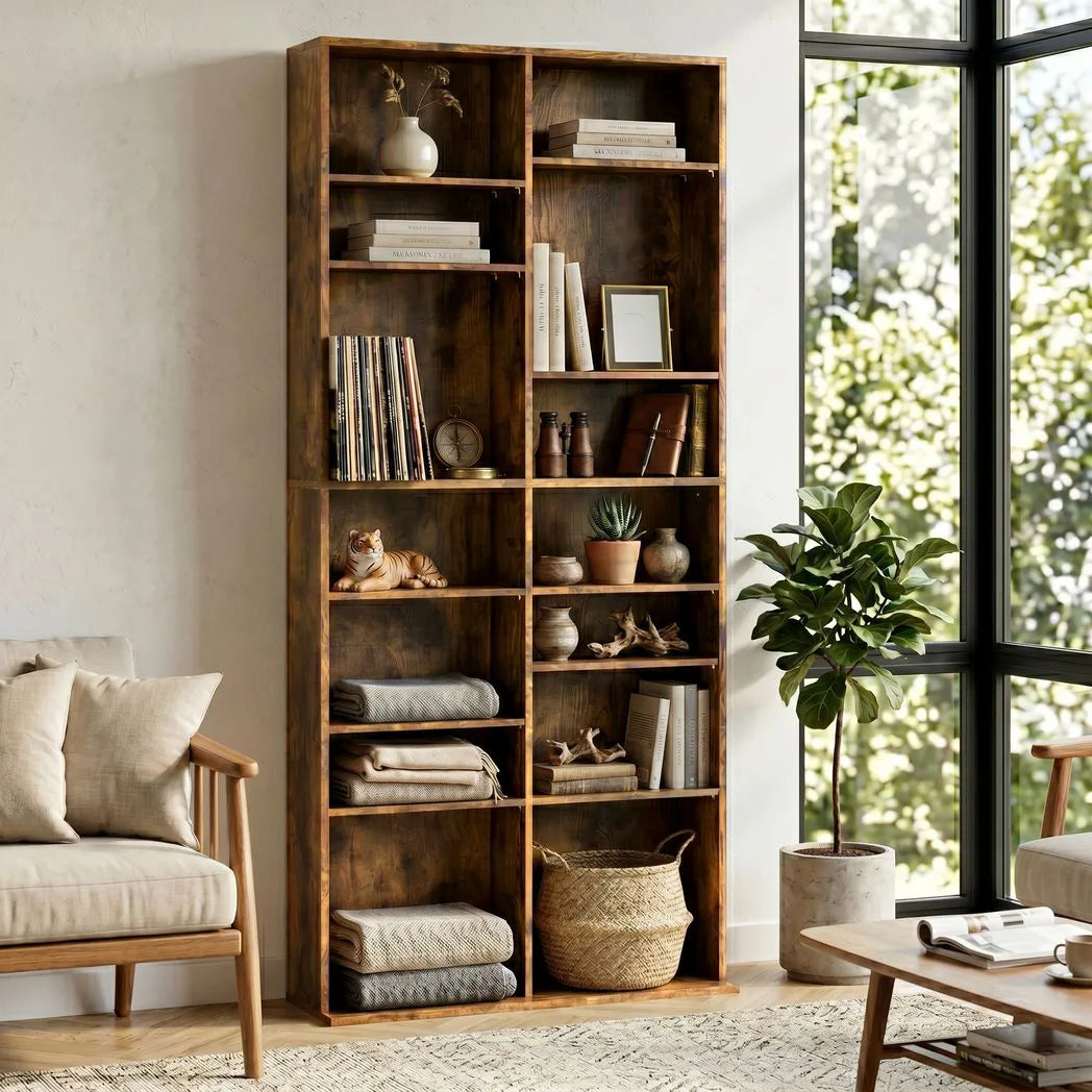 HOMCOM CD Storage Tower for 640 CDs or 360 DVDs with 14 Adjustable Shelves – Tall Narrow Media Rack, Rustic Brown