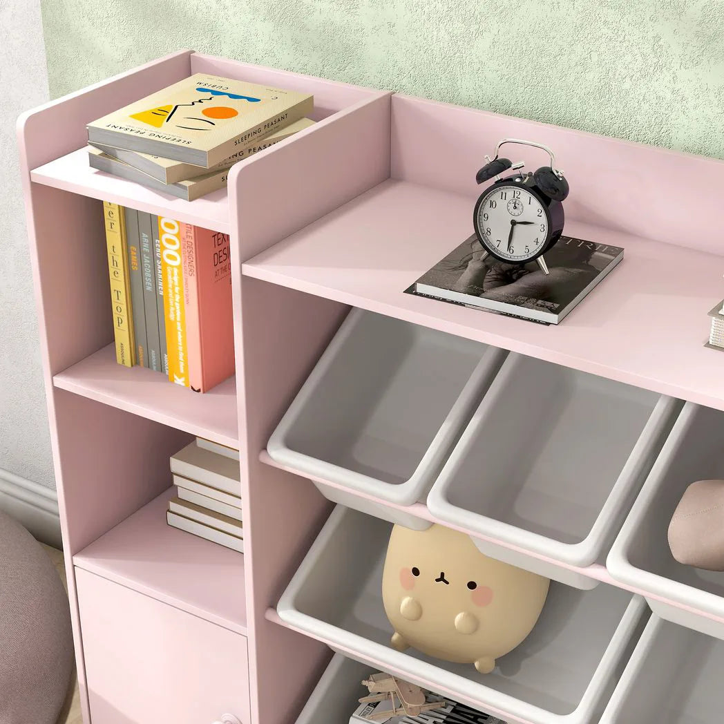 AIYAPLAY Kids Toy Storage Unit with 8 Removable Bins and Bookshelf – Toy Organiser, Pink