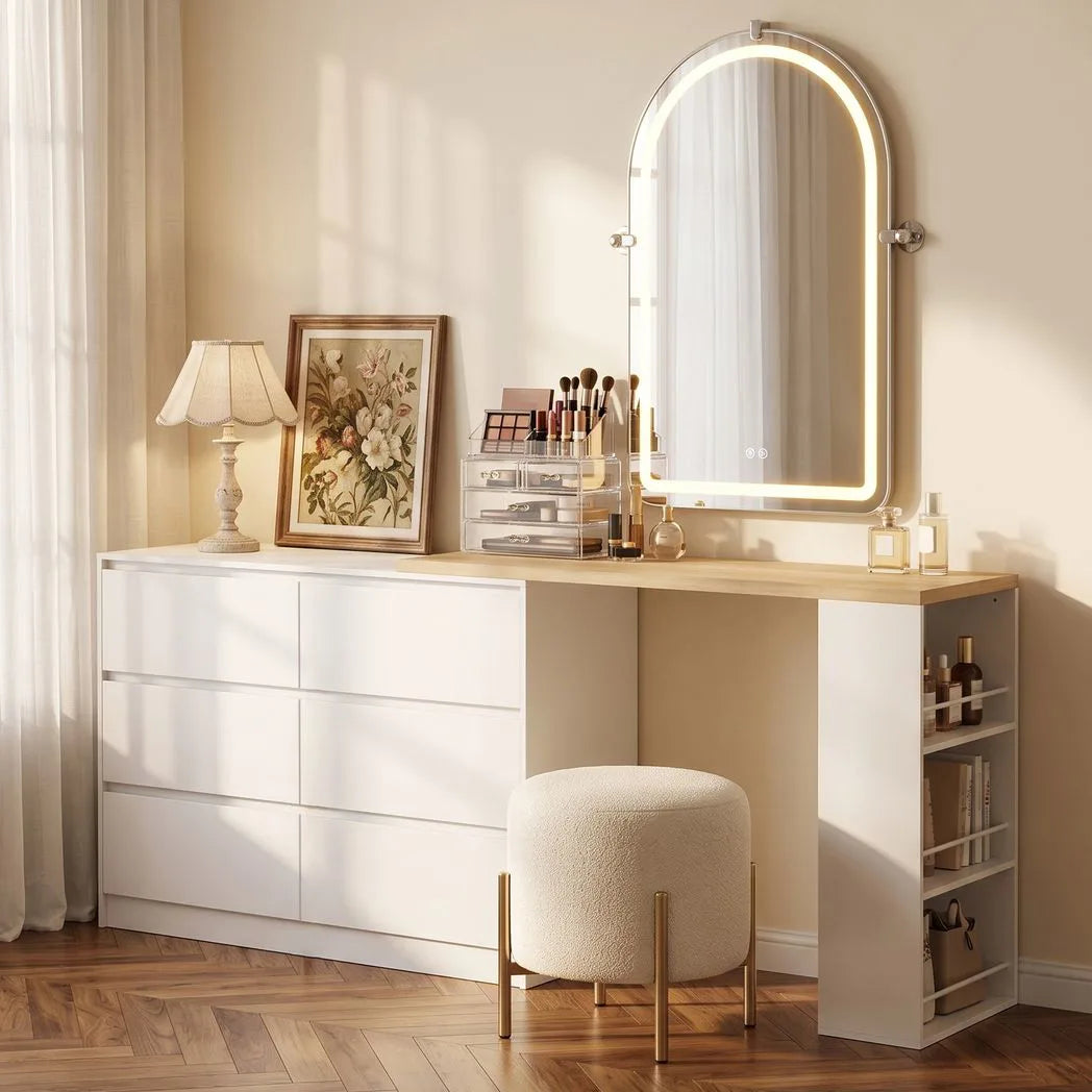 HOMCOM Vanity Dressing Table with 6 Drawers & 3-Tier Shelf – Flexible Straight or L-Shaped Layout Makeup Desk, White