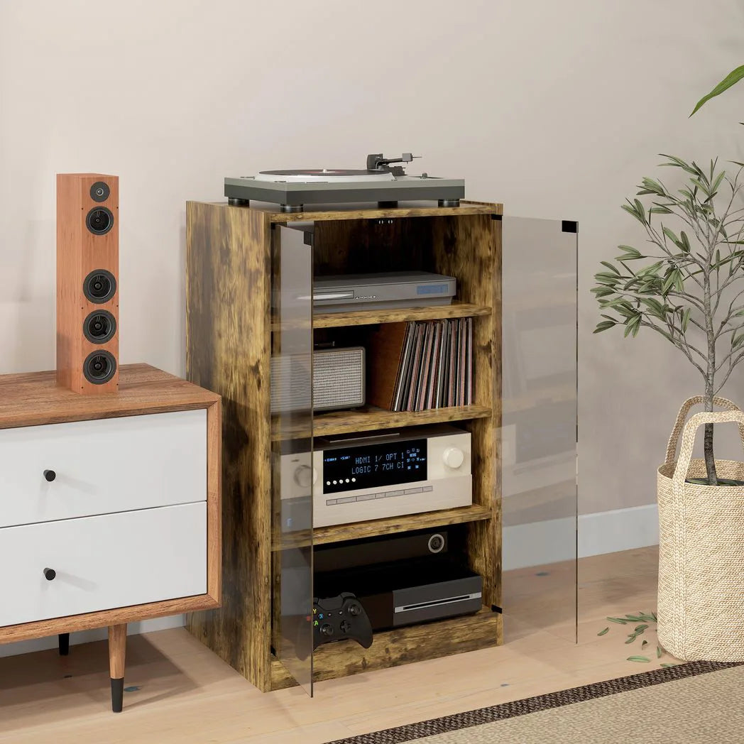 HOMCOM 4-Tier Hi-Fi Stand with Push-to-Open Glass Doors and Adjustable Shelves – Record Player Cabinet, Rustic Brown