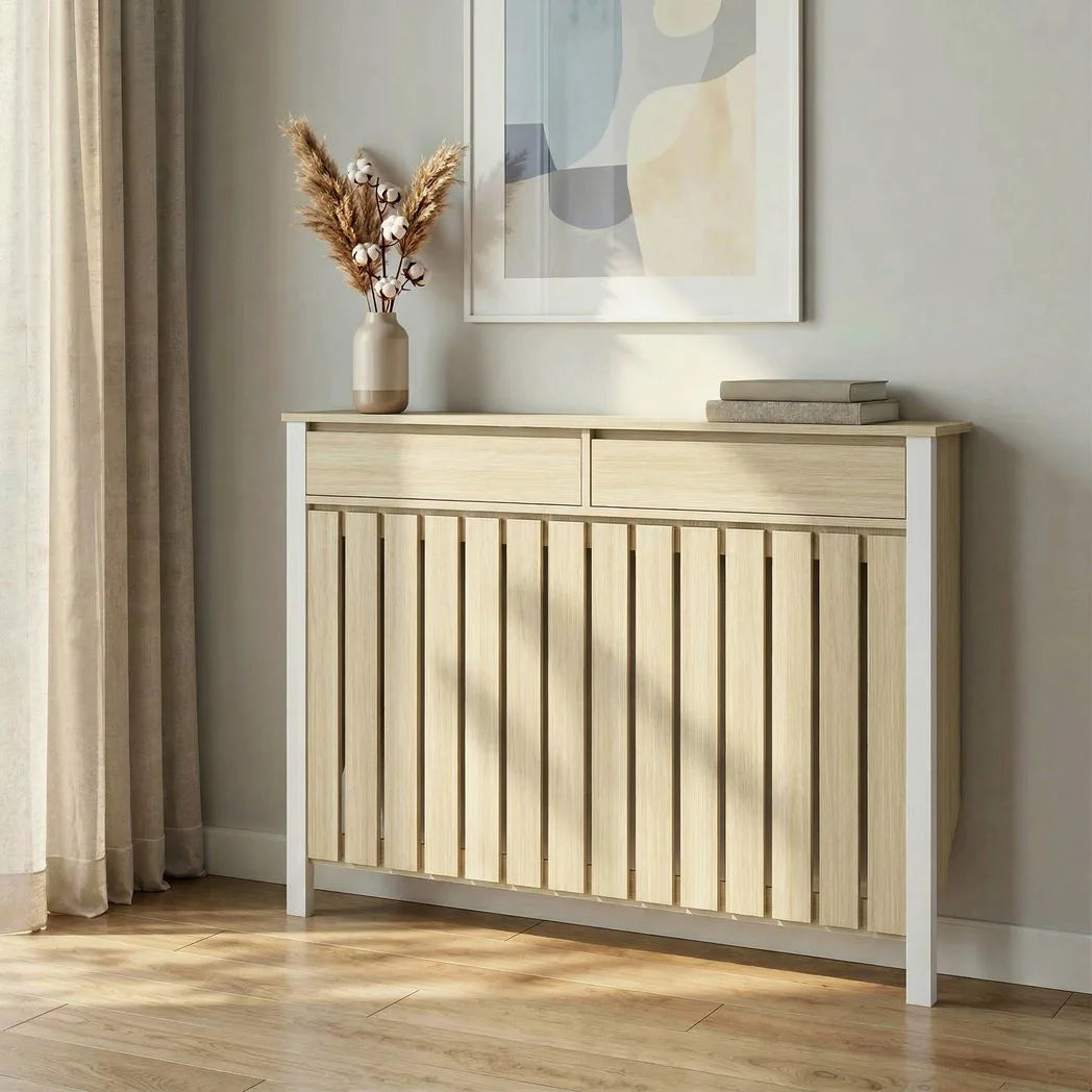 HOMCOM Rustic-Look Radiator Cover with Top Drawers, 93 x 119cm – Slimline Heater Guard, Oak