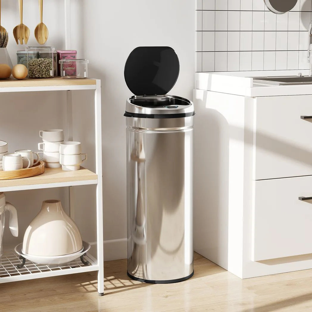 HOMCOM 50L Stainless Steel Sensor Bin with Soft-Close Lid – Touch-Free Automatic Kitchen Bin, Silver Tone