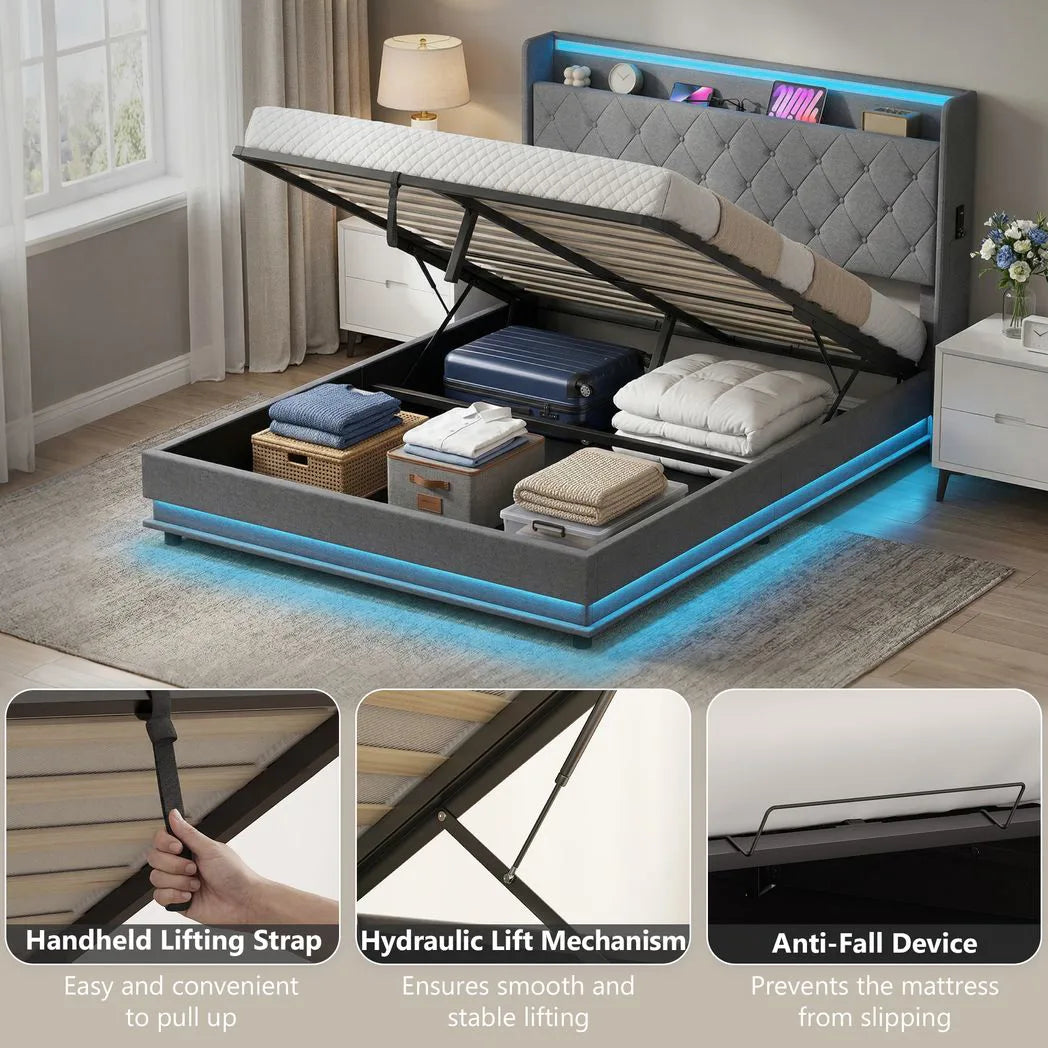 HOMCOM 5ft King Bed Frame with Hydraulic Storage, LED Lights and Charging Station – Ottoman Bed, Grey
