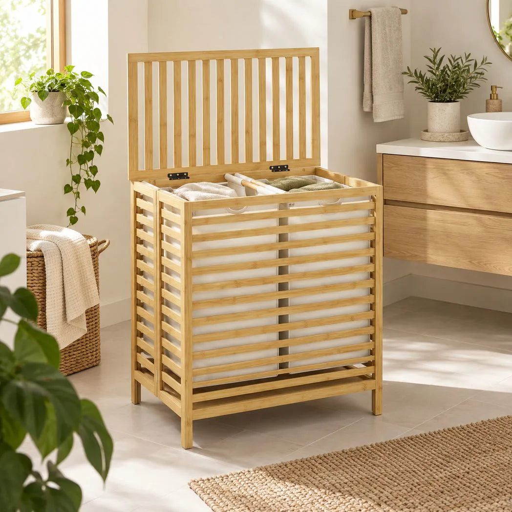 HOMCOM 64L Bamboo Laundry Basket with Lid, 2 Removable Liners – Foldable Hamper, Natural and Cream White