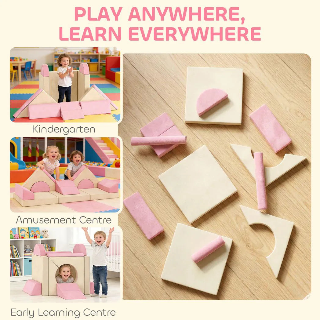 AIYAPLAY 12-Piece Foam Modular Soft Play Set with Slide – Kids Convertible Play Sofa for Playroom, Pink