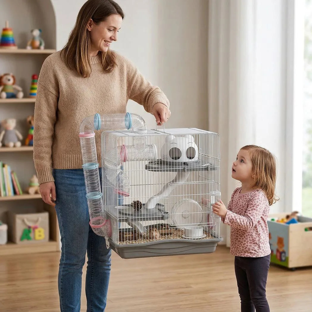 PawHut 3-Tier Hamster Cage with Exercise Wheel, Tunnels and Water Bottle – Habitat for Dwarf Hamsters, Grey