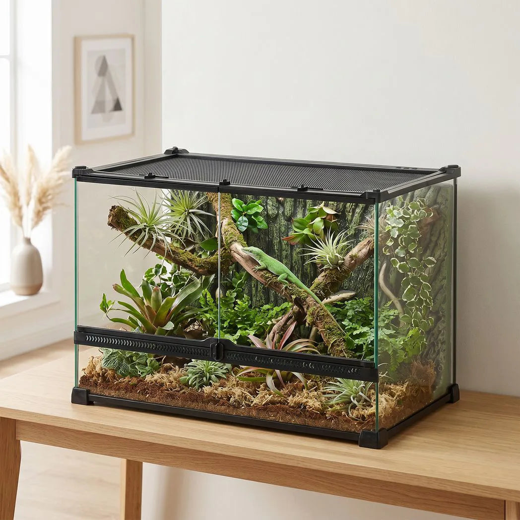 PawHut Reptile Glass Terrarium with Stone Background, Front Ventilation and Knob Lock, 50 x 30 x 35 cm, Black