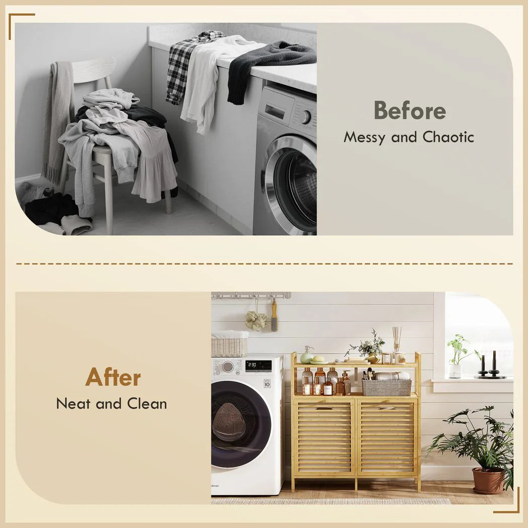 HOMCOM Double Tilt-Out Bamboo Laundry Cabinet with 2 Removable Baskets – Freestanding Bathroom Storage, Natural