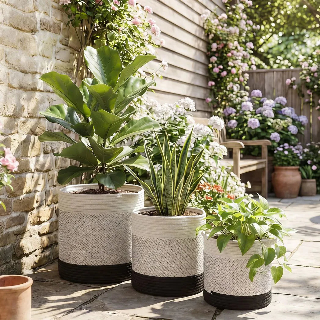 Outsunny Handwoven Cotton Rope Plant Pots, Set of 3 – Indoor Planters with Waterproof Liner, White