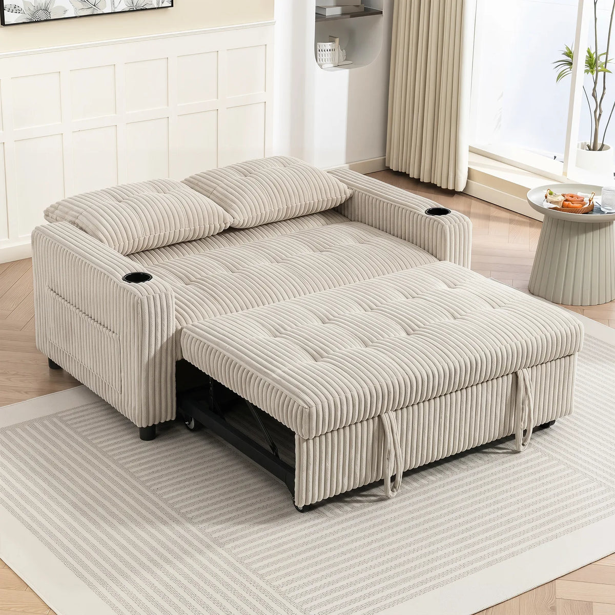HOMCOM Corduroy Click Clack Sleeper Sofa Bed with Pull Out Design, 2 Seater, Cup Holders – Cream White