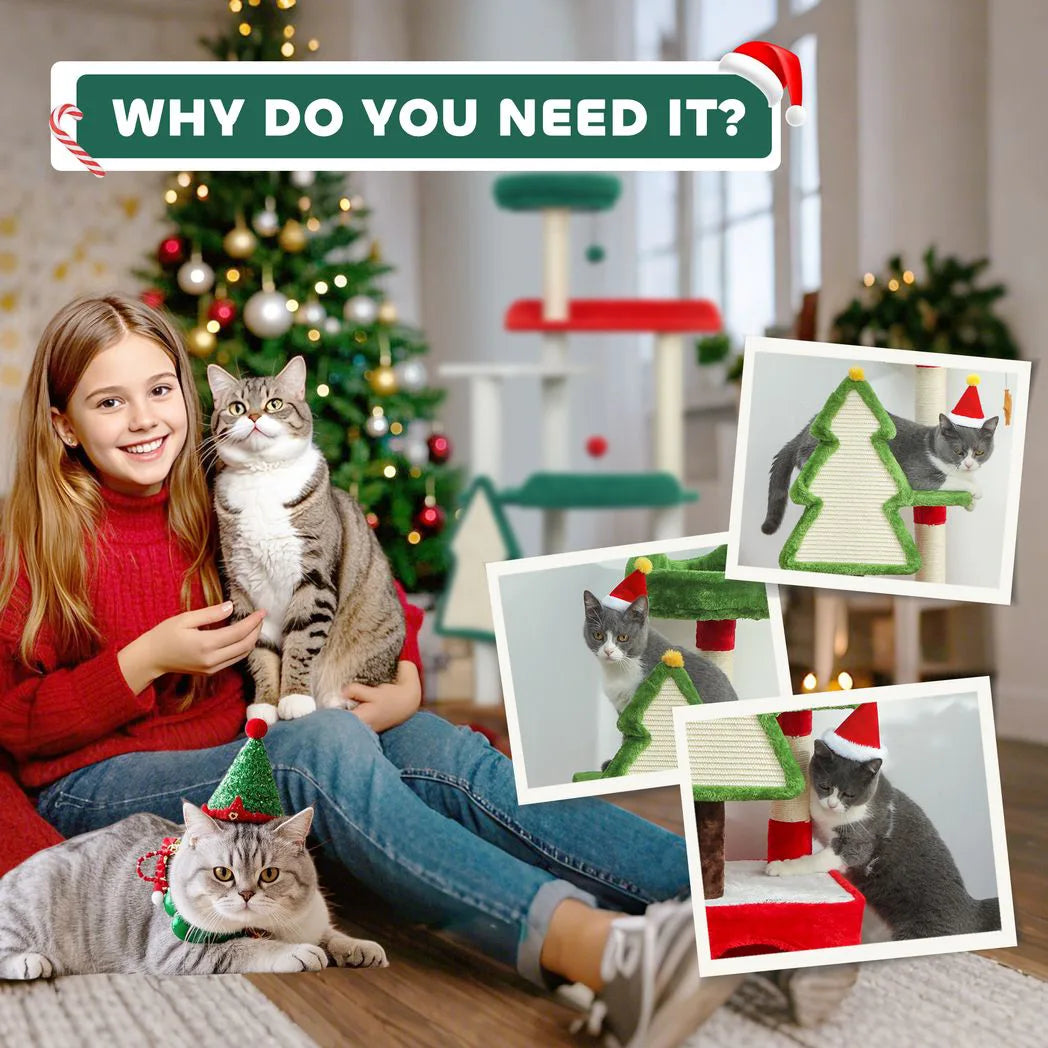 PawHut Christmas Cat Tree, 120cm Tower with Scratching Post, Bed, House and Toys – Festive Green