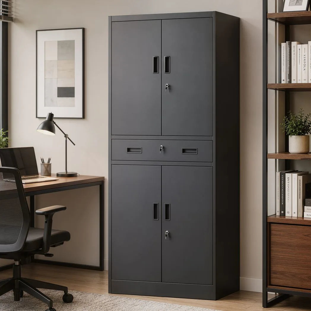 HOMCOM Metal Storage Cabinet with Locking Doors, Drawer & Adjustable Shelves – 180cm Tall Garage Tool Cabinet, Black