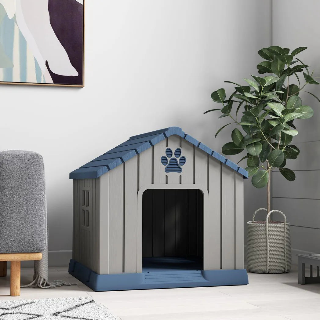 PawHut Waterproof Plastic Dog Kennel for Medium Dogs, Raised Base – Outdoor Garden House, 85 cm, Grey