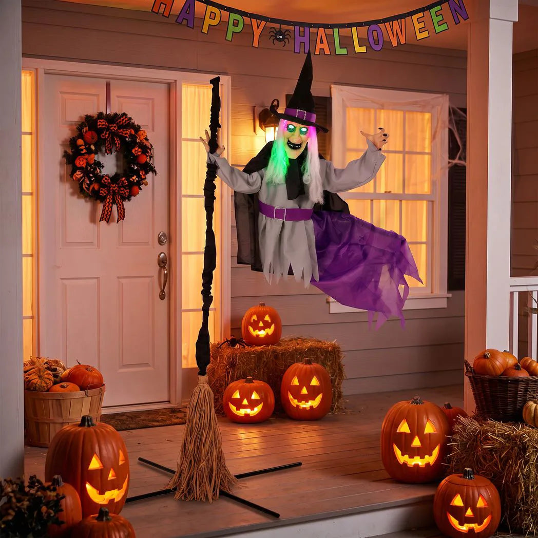 HOMCOM 200cm Life Size Animated Flying Witch Halloween Decorations Outdoor Indoor