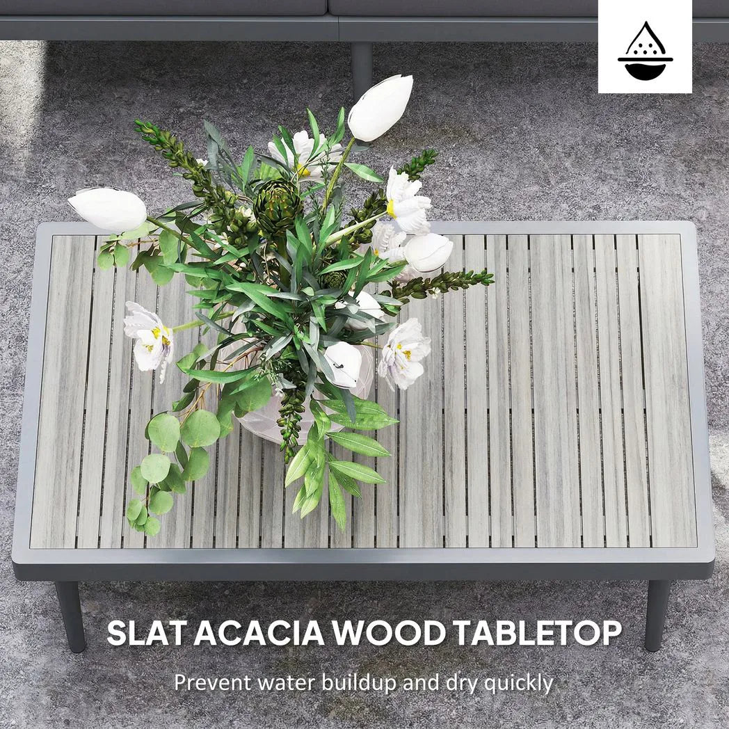 Outsunny Three-Piece L-Shaped Rattan Garden Sofa Set with Wood-Top Coffee Table and Thick Cushions – Grey