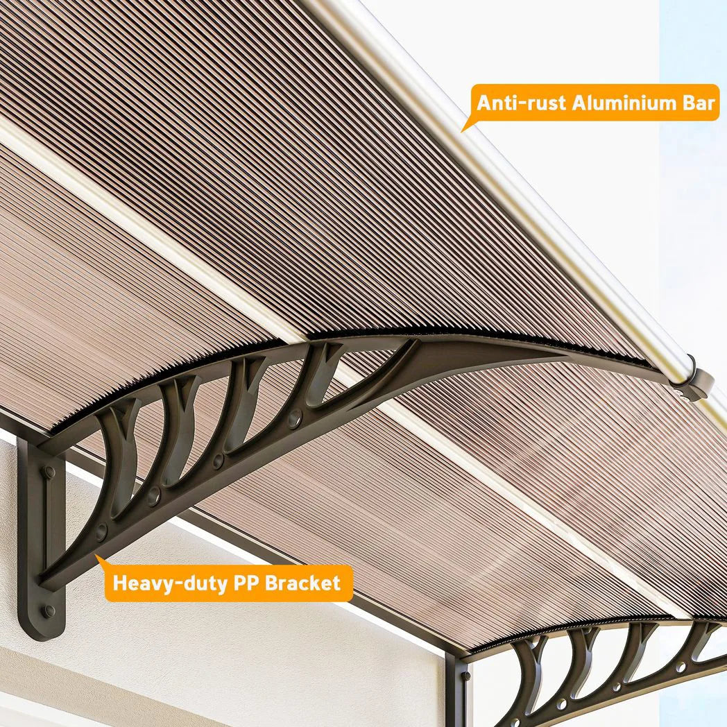 Outsunny 303 x 96cm Front Door Canopy with Polycarbonate Panels – UV-Resistant Rain Shelter Awning, Brown