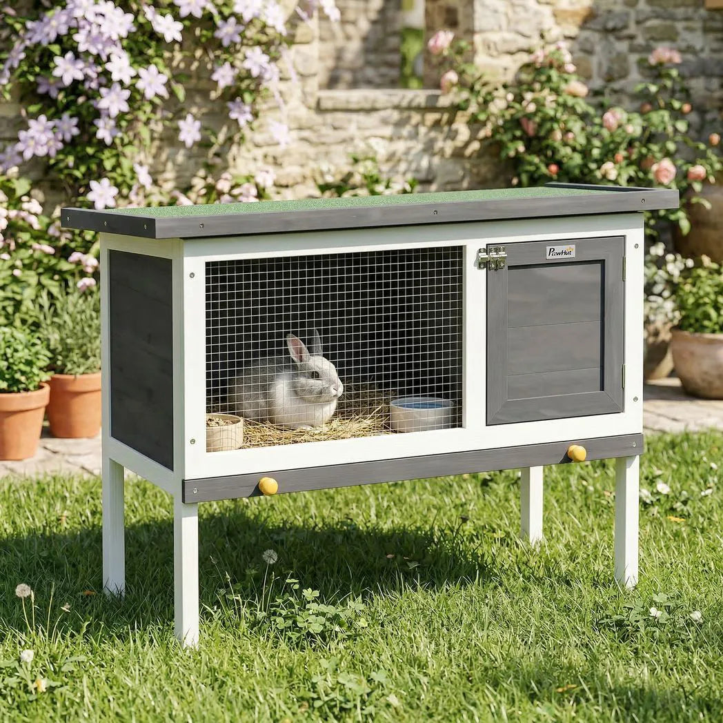 PawHut Wooden Rabbit Hutch with Asphalt Roof & Pull-Out Tray – Elevated Outdoor House for Small Animals