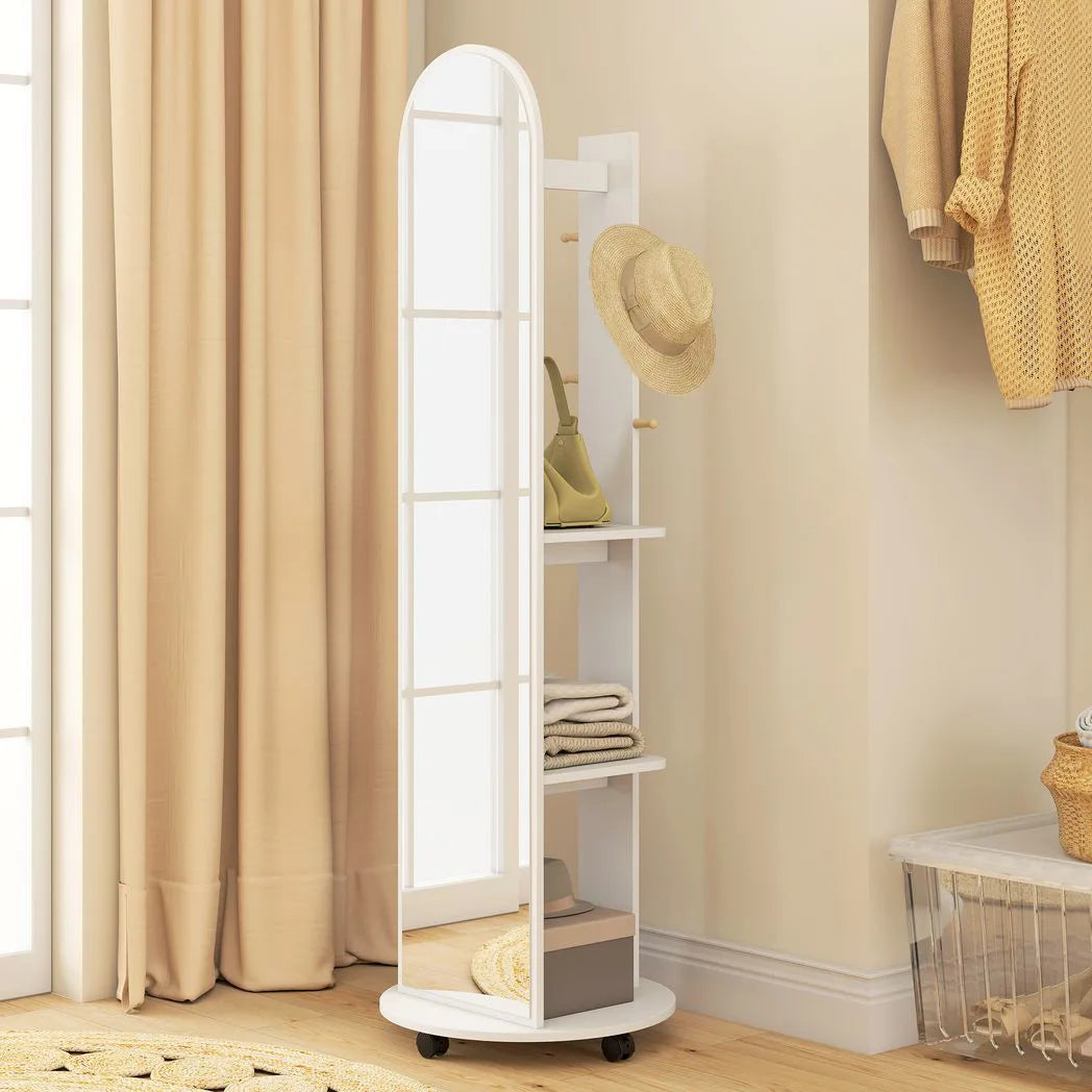 HOMCOM 2-in-1 Full Length Mirror with Storage Shelves, Floor Mirror with 4 Wheels, Coat Rack, Hooks