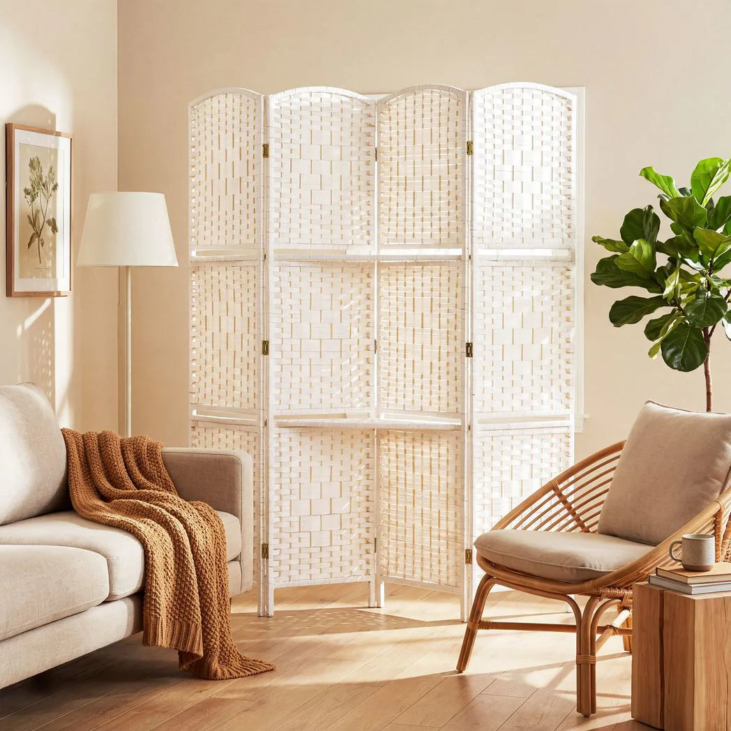 HOMCOM 4 Panel Folding Room Divider with Two Shelves & Arched Top – Freestanding Privacy Screen, 160 x 170cm, White