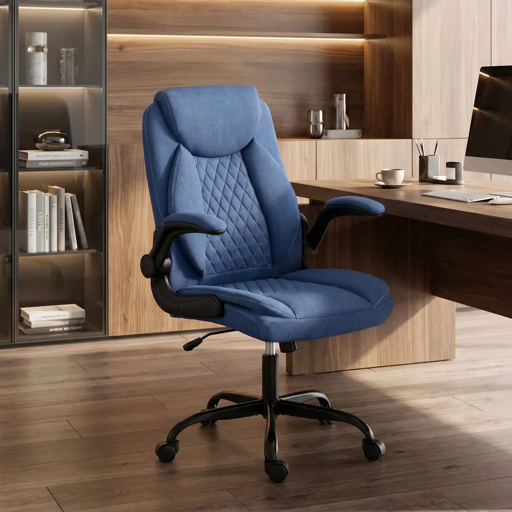HOMCOM Linen-Look Executive Office Chair with Flip-Up Armrests, Thick Cushion & Rocking Function, Blue