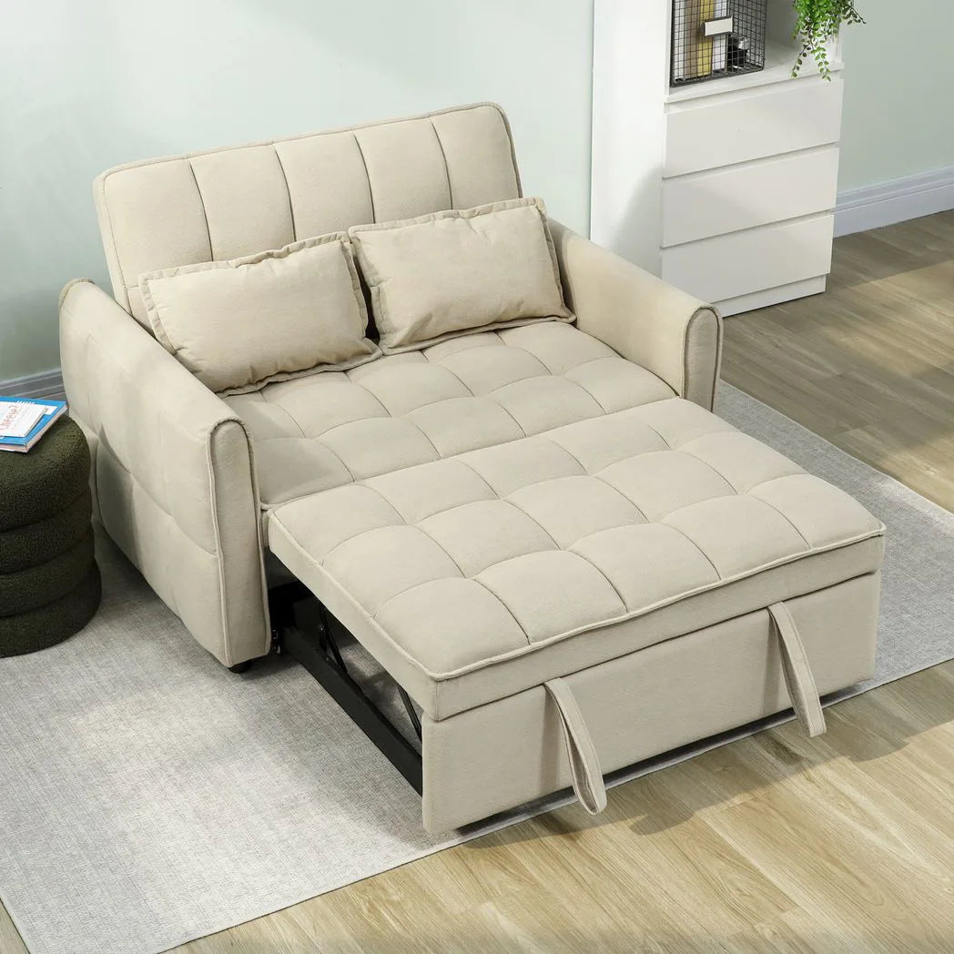 HOMCOM 2 Seater Sofa Bed with Click-Clack Backrest and 2 Pillows – 3-in-1 Convertible Sleeper Sofa, Light Brown