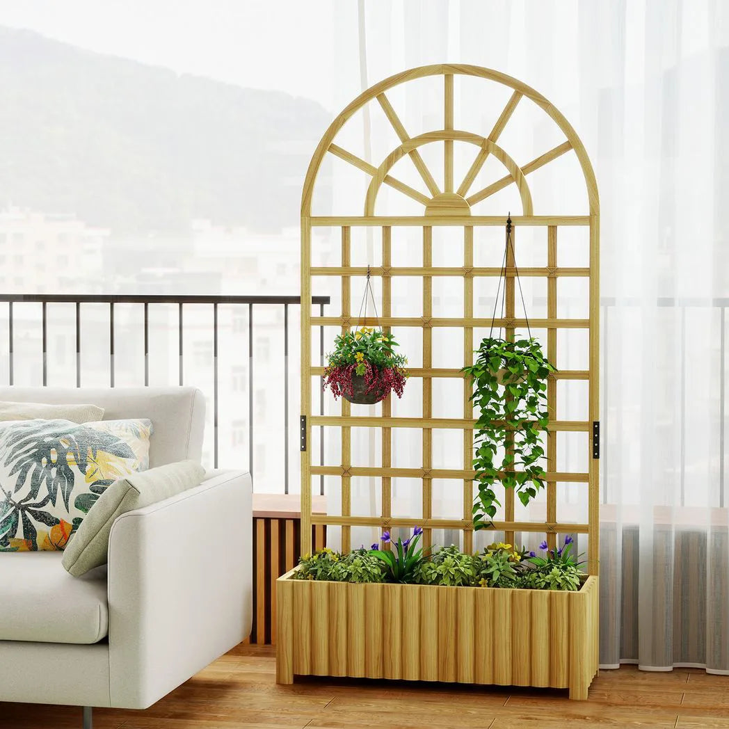 Outsunny Wooden Raised Planter with Curved Trellis & Drainage Holes – Garden Bed for Climbing Plants, Fir Wood