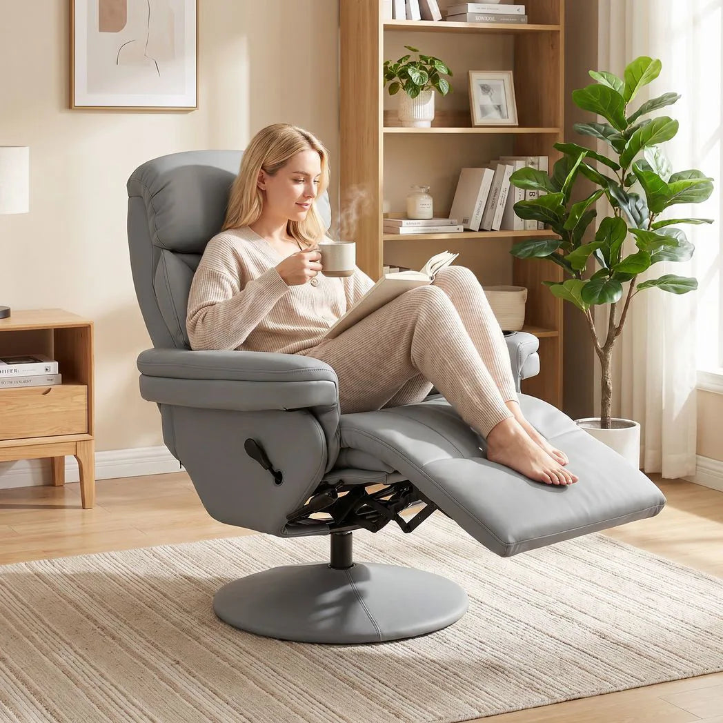 HOMCOM Manual Reclining Armchair with Footrest, Adjustable Backrest and 360° Swivel – Living Room Recliner, Grey