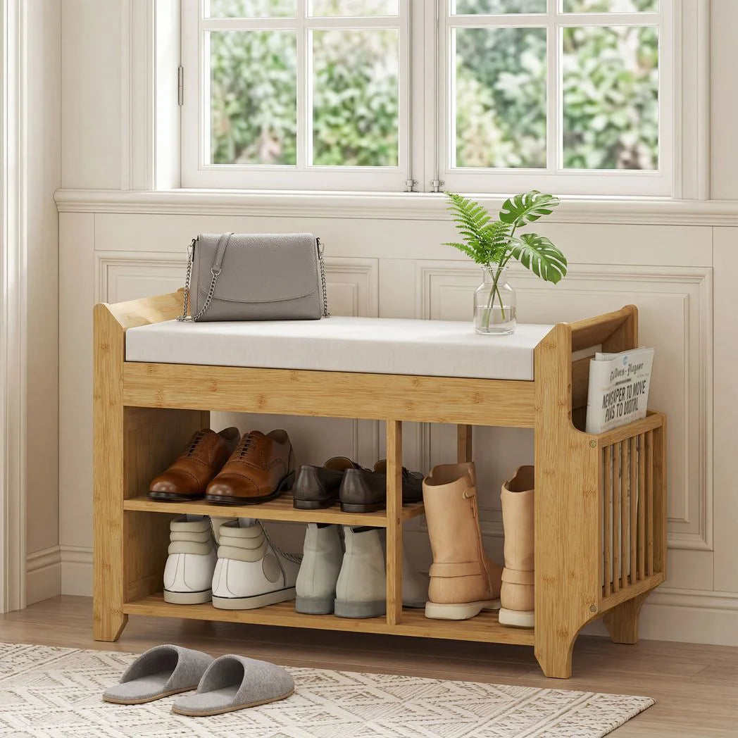 HOMCOM Bamboo Shoe Bench with Boot Section & Cushioned Seat, 80 x 30 x 50 cm – Natural & Cream