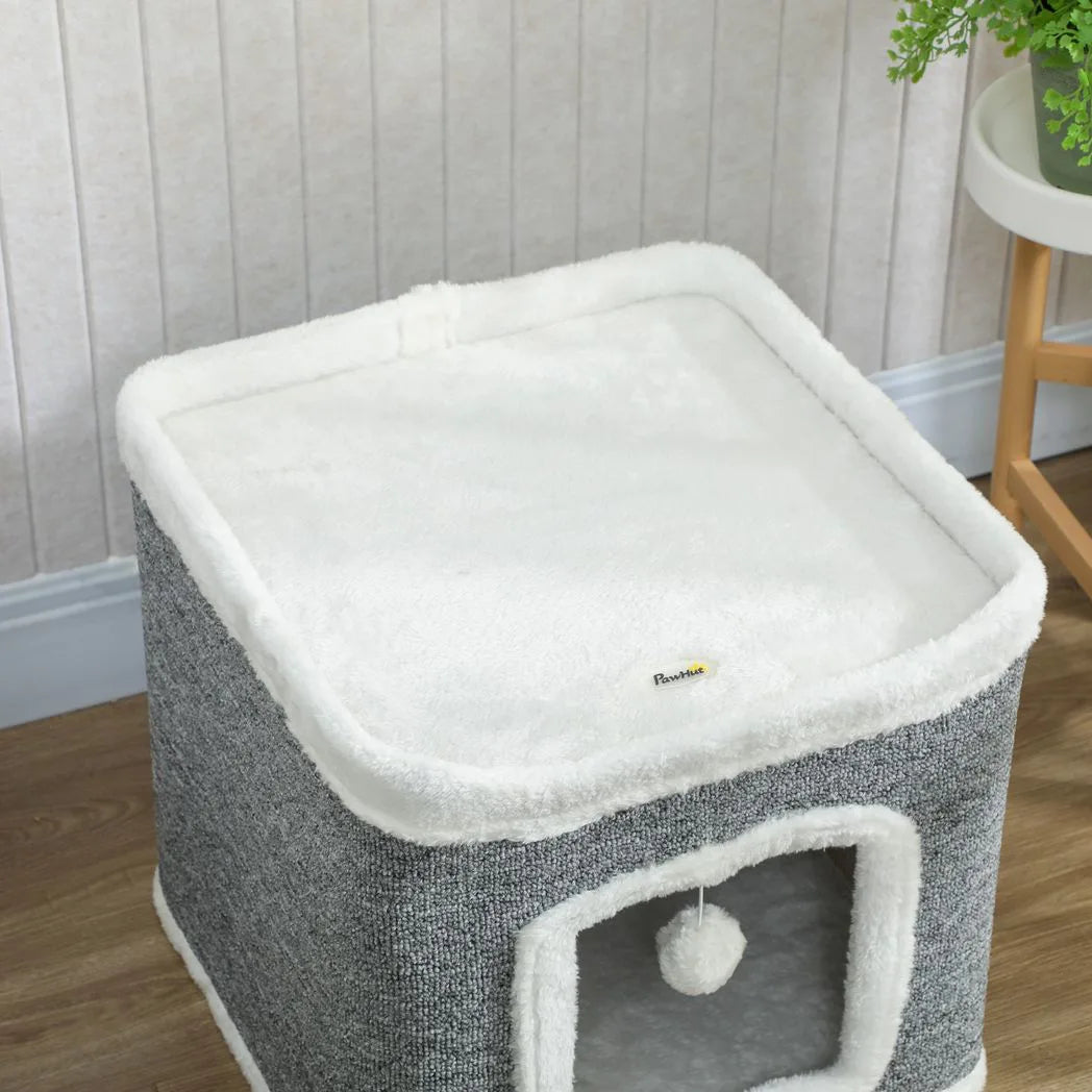 PawHut 2-Level Cat House with Top Bed and Fluffy Balls – Cosy Indoor Cat Cave for Kittens, Grey