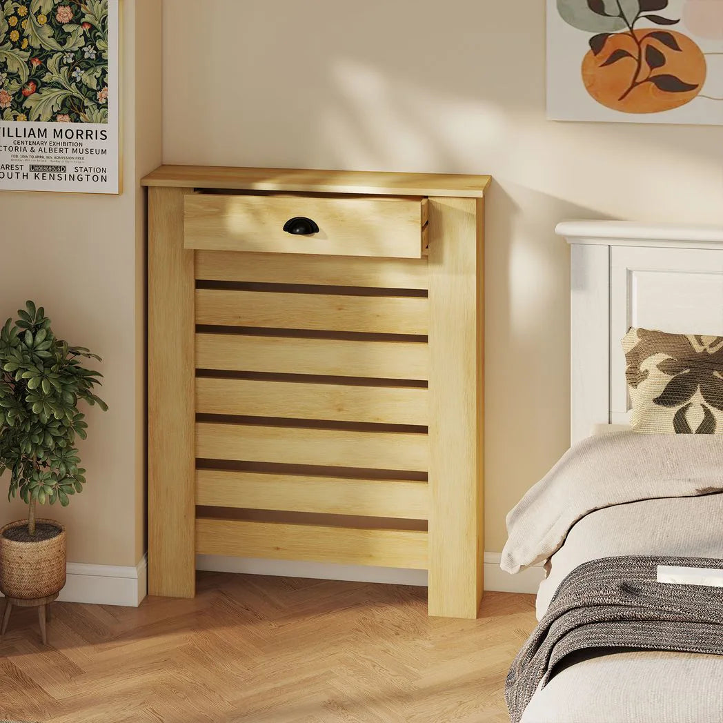 HOMCOM Radiator Cover with Top Drawer & Slatted Centre – Fits Radiators up to 81 x 73 cm, Oak
